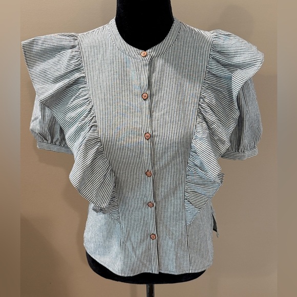 Women’s SAYLOR Grey & White pinstripe puff sleeve ruffle blouse- Size XS - Picture 2 of 9